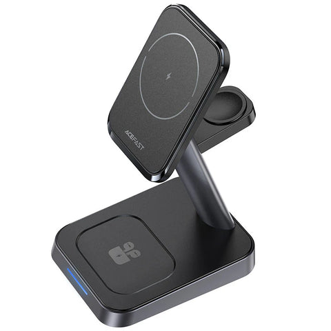 Black wireless charging stand with two charging pads and a sleek, angular design.