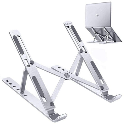Silver adjustable laptop stand with black grips and a laptop on top.