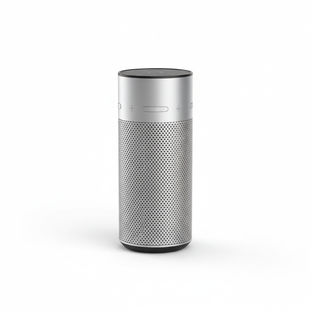 Silver cylindrical smart speaker with a black top, mesh grille, and minimalistic design.