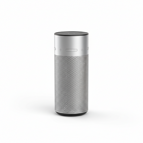 Silver cylindrical smart speaker with a black top, mesh grille, and minimalistic design.