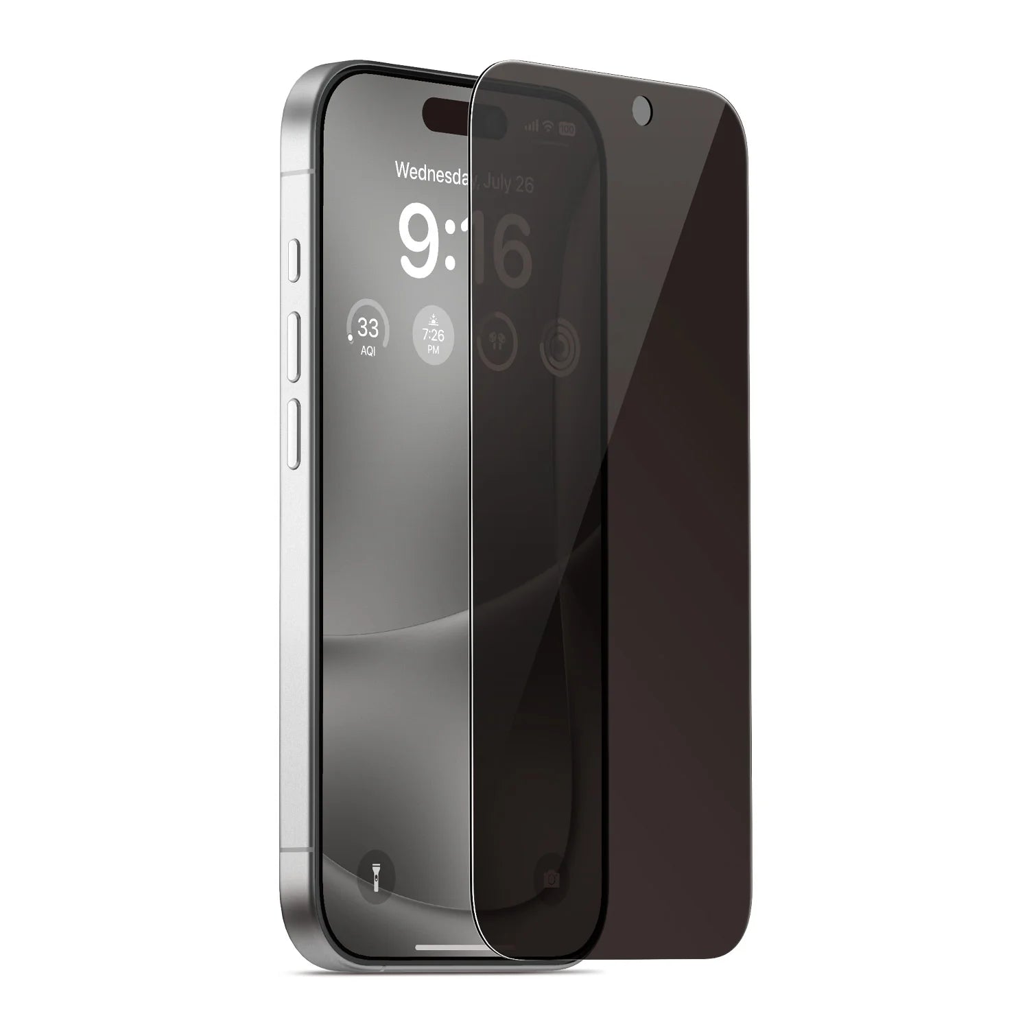 Smartphone with a black screen protector, silver edges, and visible icons on the display.