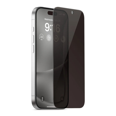 Smartphone with a black screen protector, silver edges, and visible icons on the display.